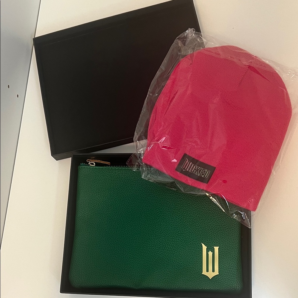 Official Wicked movie pink Beanie and Green Pouch Set